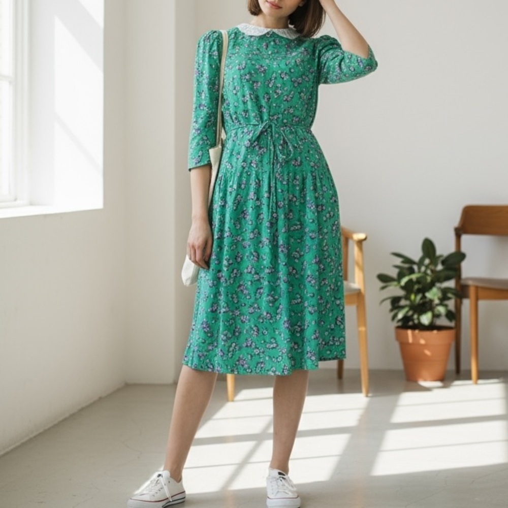 VTG 80s Jane Schaffhausen Belle Dropped Waist Midi Dress Floral Granny Chic S